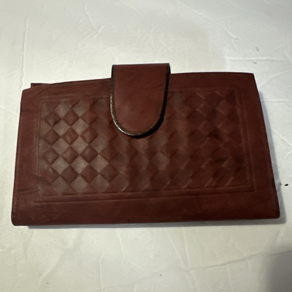 Vintage Top Grain Genuine Cowhide Wallet Maroon Red Check Book Wallet New